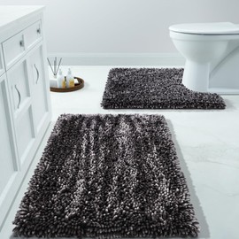 Yimobra Bathroom Rugs Sets 2 Piece, Luxury Shaggy Extra Thick Bathroom Rugs, Plush Non-Slip Mats for Bath Room Floor, U-Shaped Toilet Mat, Ultra Absorbent, 24 x 17 + 24.4 x 20.4 Inches, Dark Gray