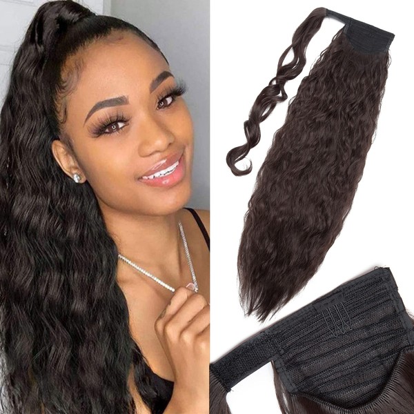 Clip-In Ponytail Extensions, Hairpiece, Magic Paste Ponytail Hair Braid, Synthetic Hair, Cheap Hair Extensions Like Real Hair, Cornwave, Corn Wave, 50 cm, Dark Brown