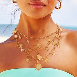 Navoky Seashell Starfish Necklace Women Layered Gold Charm Beach Choker Necklace Sea Shell Summer Jewelry for Vacation