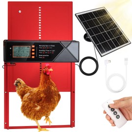 Automatic Chicken Coop Door Solar Powered, 4 Modes Automatic Chicken Door with Timer & Light Sensor, 7W Solar Charging Panel, Waterproof Aluminum Alloy Chicken Door with LED Screen (Red)