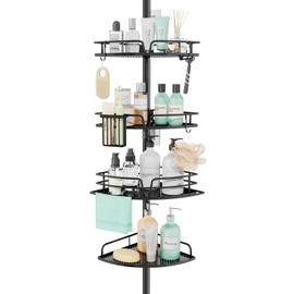 SWTYMIKI Shower Caddy Tension Pole - 4-Tier Corner Shower Organizer Tension Rod with Soap Holder, Toothbrush Holder & 4 Hooks, Adjustable Stainless Steel Bathroom Organizer 27.6 to 108.3 inch