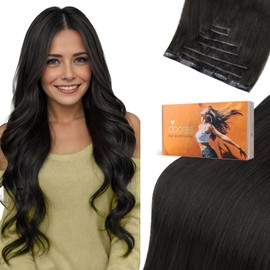 DOORES Human Hair Extensions, Natural Black 16 Inch 7 pcs 120g, Genius Seamless Clip in Hair Extensions with Invisible Weft and Straight Invisi Edge