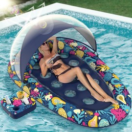 Sunikko X 3-in-1 Pool Floats with Canopy Cup Holder, XL Large 73" x 48" Inflatable Pool Floats for Adults Lounger Raft Floating Chair for Swimming Pool Lake Water Lounge Float Beach Pool Party Toys