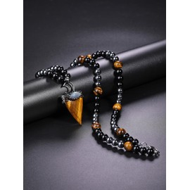 PiercingJak Men's Arrow Arrow Arrowhead Moon Pendant Necklace with Tiger's Eye Obsidian Hematite Beads Chain Crystal Necklace Gemstone Healing Stones Jewellery Amulet Gift for Men, Stainless Steel