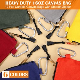 12 Pcs Canvas Tool Bag 11.81 x 7.09 Inch Heavy Duty Tool Pouch Zipper Waterproof Tool Bag Organizer Utility Bag 6 Colors Multipurpose Zippered Pouch with Metal Hook