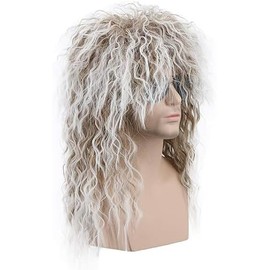 Men and Women Long Curly Brown Gradient White Wig 70s 80s Rocker Mullet Party Funny Wig Costume Wig-1Piece