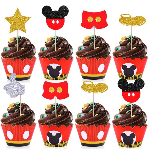 Mickey Cupcake Toppers Wrappers - Suministros de fiesta de cumpleaños para niños, 25 unidades, 25 envolturas