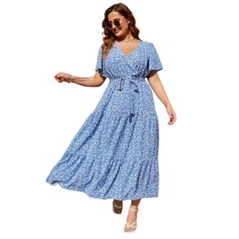 KOJOOIN Women Plus Size V Neck Wrap Maxi Dress High Waist Ruffle Summer Casual Dress with Belt Short Sleeve Blue Flower 4XL