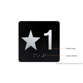 STAR 1 - Elevator Jamb Plate sign With Braille and raised number-Elevator floor number sign letters/Image & Grade 2 Braille - Includes Red Adhesive pad for Easy Installation (4" W x 4" H,black, Tacticle Sign,w) - The Sensation line