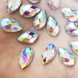 50x 13mm Flat Back Rhinestone Small Medium Teardrop Large AB Bead Acrylic Diamante Gem Crystal Clear Jewel Pear Tear Drop Rhinestones Cabochon Glue on Iridescent Silver Backed Embellishment Nail Art