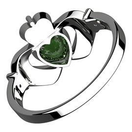 GWG Jewellery 925 Sterling Silver Claddagh Ring with Crown and Emerald Green Heart Embraced with Arms – 10 in Gift Box for Women
