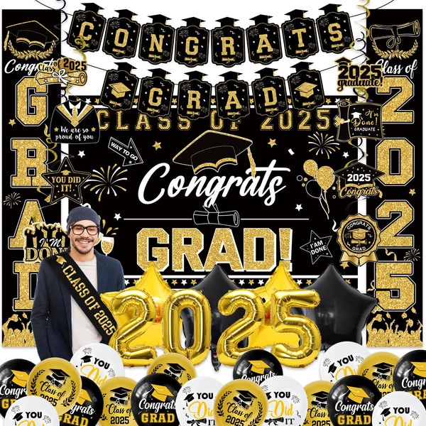 Graduation Decorations Class off 2025 Black and Gold,Graduation Party Decorations