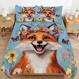 UIAMT Cute Fox Bedding Set Twin Queen King Full Size Kawaii Fox Comforter Set for Kids Teens Boys Girls Man Women Bedroom Decor Floral Animal Cozy Quilt Bedspread Fox Bed Duvet Cover Gifts 104"x90"
