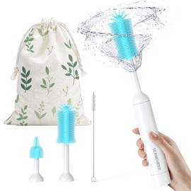 SEANCHEER S02 Electric Bottle Brush Set, Portable Baby Bottle Brush Cleaner, AA Battery-Powered & IPX7 Waterproof, with Silicone Bottle/Nipple/Straw Brush, for Home & Travel (Blue)