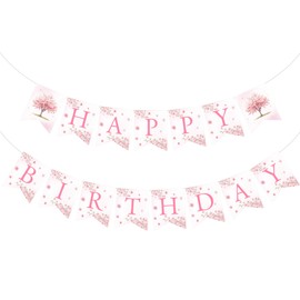 Fangleland Pink Cherry Blossom Happy Birthday Banner, Girls Japanese Sakura Birthday Decorations, Spring Romantic Cherry Blossom Party Supplies