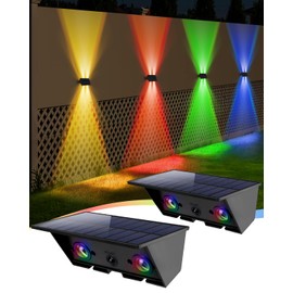 Solar Fence Lights, 2 Pack Solar Wall Lights Outdoor RGB & Warm White Up & Down Solar Deck Lights,Outdoor Waterproof 120 Lumens Super Bright Dusk to Dawn Porch Light for Yard/Pool/Railing/Garage