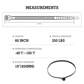 Extra Large Zip Ties, 12 PCS Premium Black 60 inch Extra Long Zip Ties with 250 Pounds Tensile Strength for Commercial, Residential, Outdoor Applications (White, 60''(Wide-0.47"))