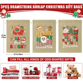3PCS Large Burlap Christmas Drawstring Gift Bags with Tags, 20x28in Linen Christmas Gift Bags, Big Holiday Gift Bags Reusable Gift Wrapping Bags Jute Santa Sack for Xmas Present Party Favors