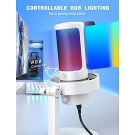 Fifine PC USB RGB Mic, Streaming Gaming RGB Computer Condenser Mic for Podcast, Recording, Vocal, Desktop Mic for Windows Mac, Gamer Streamer Setup with Mute&Gain, Headphones Jack-White A8W