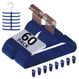 VECELO Premium Velvet Clothes Hangers Suit Heavy Duty (60 Pack)-Non Slip & Space-Saving with 8 Finger Clips & Tie Rack Excellent for Men and Women,Blue