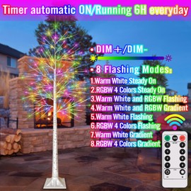 6FT LED Colorful Lighted Birch Tree, LED RGBW Birch Tree with 130 Lights, LED Birch Artificial Tree with 8 Modes&Timer, Prelit LED Birch Tree for Home Decor, Indoor&Outdoor&Festival Decor.