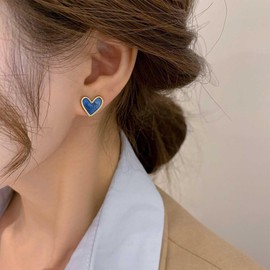 Aneneiceera Vintage Enamel Blue Heart Stud Earrings Tiny Love Heart Earrings Small Blue Earrings Mini Heart Shape Earrings Jewelry for Women