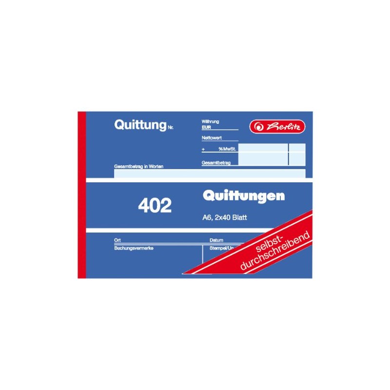 Herlitz 7876147 Receipt Pad 402, A6, 2x40 Pages, Carbonless Copying
