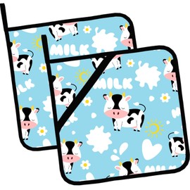 Pot Holders for Kitchen Heat Resistant Pot Holders,Cute Cartoon Black and White Cow Set of 2 Oven Hot Pads for Cooking Baking BBQ Gifts for Women Men