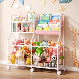 BBLIKE Stuffed Animal Storage Organizer - Rolling Kids Bookshelf and Toy Storage with 3 Tiered Book Display and Toy Chest - Rolling Furniture for Kids Room, Playroom, Bedroom, Nursery, Pink