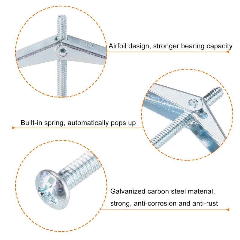 sourcing map 20Pcs Spring Toggle Bolt Anchors, 1/8"x2" Butterfly Anchors