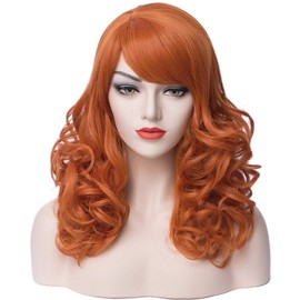 Peluca naranja hasta los hombros, rizada, naranja, con flequillo, pelirroja, para mujeres y niñas, sintética, resistente al calor, para disfraz de cosplay (naranja)