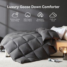 L LOVSOUL Goose Feather Down Fiber Comforter California King Size, 100% Organic Cotton Fabric Duvet Insert,1200TC,750+FP, Hotel Collection, All Season Grey Bedding Comforters with 8 Tabs