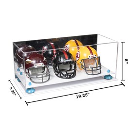 Better Display Cases Acrylic Three Mini - Miniature Football Helmets (not Full Size) Display Case with Mirror Case, Light Blue Risers and White Base 19.25" x 8.25" x 8" (V47/A103)