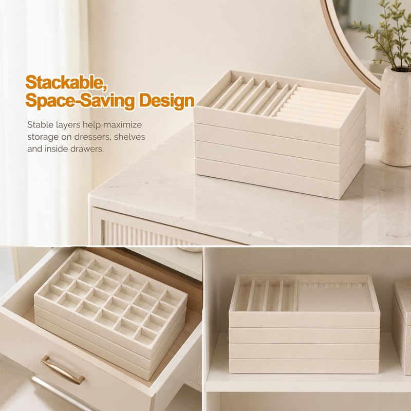 Velvet Jewelry Drawer Organizer Trays, 4-Layer, Beige