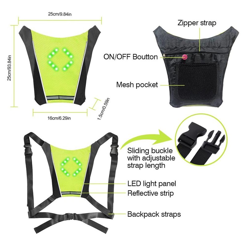 Reflective Cycling Vest with Rechargeable LED Direction Indicator Remote Control