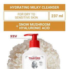 THAYERS Milky Hydrating Face Cleanser with Snow Mushroom and Hyaluronic Acid, Dermatologist Recommended Gentle Facial Wash and Hydrating Skincare for Dry and Sensitive Skin, Paraben Free, 8 FL Oz