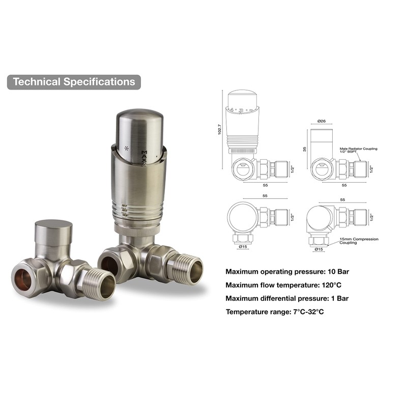 Brushed Nickel Thermostatic Radiator Valve Angled TRV Corner Radiator Thermostat