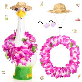 GANSHAYA 3Pcs Summer Hawaii Porch Goose Outfits for Plastic Goose with Hawaiian Lei Hat Sunglasses for Spring Holiday Lawn Outdoor Garden Yard Patio Statue (Purple)