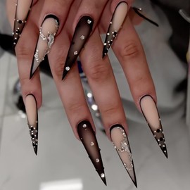 KTAABTR Black French Tip Press on Nails Long Fake Nails with Diamond Matte Acrylic Nails Design Black Gradient False Nails Stick on Nails for Woman Girls 24Pcs Extra Long Nails Decoration Set