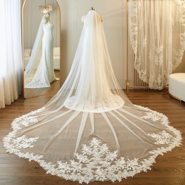 ROSEEDEN Roseeden1T one Tier long Lace Veil wedding bridal woman long veil soft tulle veil with metal comb (Lace 03 (Ivory), Length 118"，Width 118")