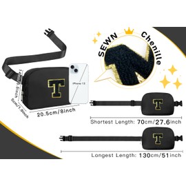 COSHAYSOO Valentines Birthday Initial Gifts for Teen Boys 5 6 7 8 9 10 11 12 13 14 Year Old Black Fanny Pack for Women Belt Bag Crossbody Travel Purse Monogrammed Unique Trendy Stuff Chenille Letter T
