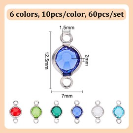 DELORIGIN 60pcs Double Loop Connector Charms for Jewelry Making Jewelry Starter Kit 6 Colors Stainless Steel with Glass Gemstone Pendants Flat Round Links for Necklace Bracelet Earring Keychain Craft