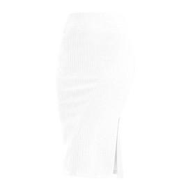 ZXIHZF Women's Knee Length Knit Pencil Skirt Stretchy Side Slit Bodycon Midi Skirt (US, Alpha, Medium, Regular, Regular, White)