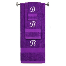 BY LORA Custom Embroidered Terry Cotton Ring Spun Bath Towel, Hand Towel and Washcloth Set - Purple Towel Set, White Chancery Initial B