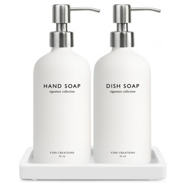 Vine Creations Glass Soap Dispenser Set, Kitchen Soap Dispenser Set with Ceramic Tray, 16 oz Dish Soap and Hand Soap Dispensers with Stainless Steel Pump Decor (White Bottle/Silver)