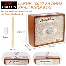 Mczxon 10000 Savings Challenge Box with Lock, Large Wooden 10k Money Saving Box Saver $10,000 Reusable Coin Money Challenge Cash Vault Saving Box Tracker Number Piggy Bank for Adults Kids, Brown