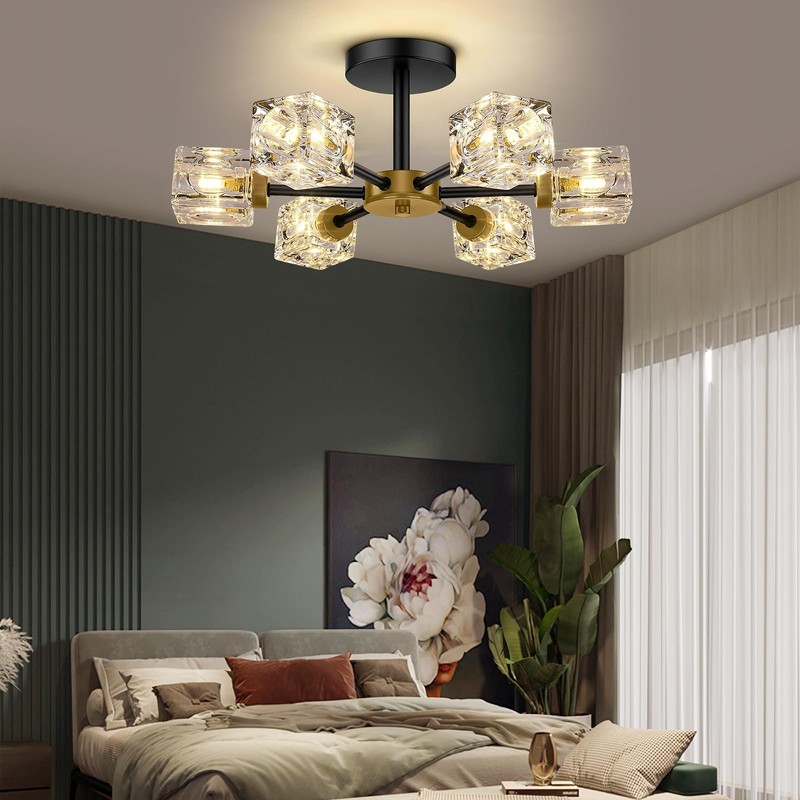 SHINELUX Modern Sputnik Chandelier, 6-Lights Crystal Semi Flush Mount Ceiling