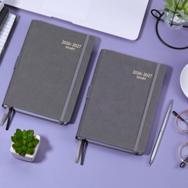 2026-2027 Diary - A5 Diary 2026-2027, Day Per Page from July 2026 to June 2026, with Faux Leather Cover, Monthly Tabs, Inner Pocket, 14.3 X 21 cm - Grey