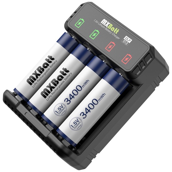 MXBatt - Baterías AA recargables de 1,5 V 3400 mWh de alta capacidad, baterías recargables de litio AA, 4 paquetes con cargador inteligente rápido de 2 horas, 1500 ciclos