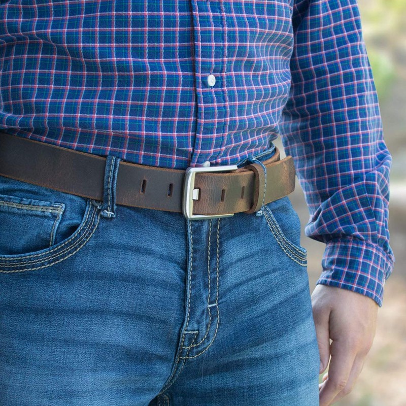 Nickel Smart Titanium Wide Pin Brown Distressed Leather Belt (40")